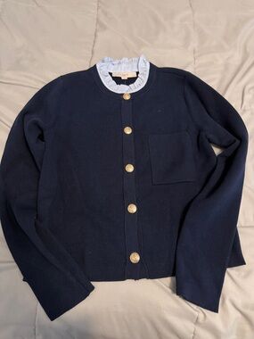 LOFT Navy Cardigan with Light Blue Ruffle Trim and Gold Buttons